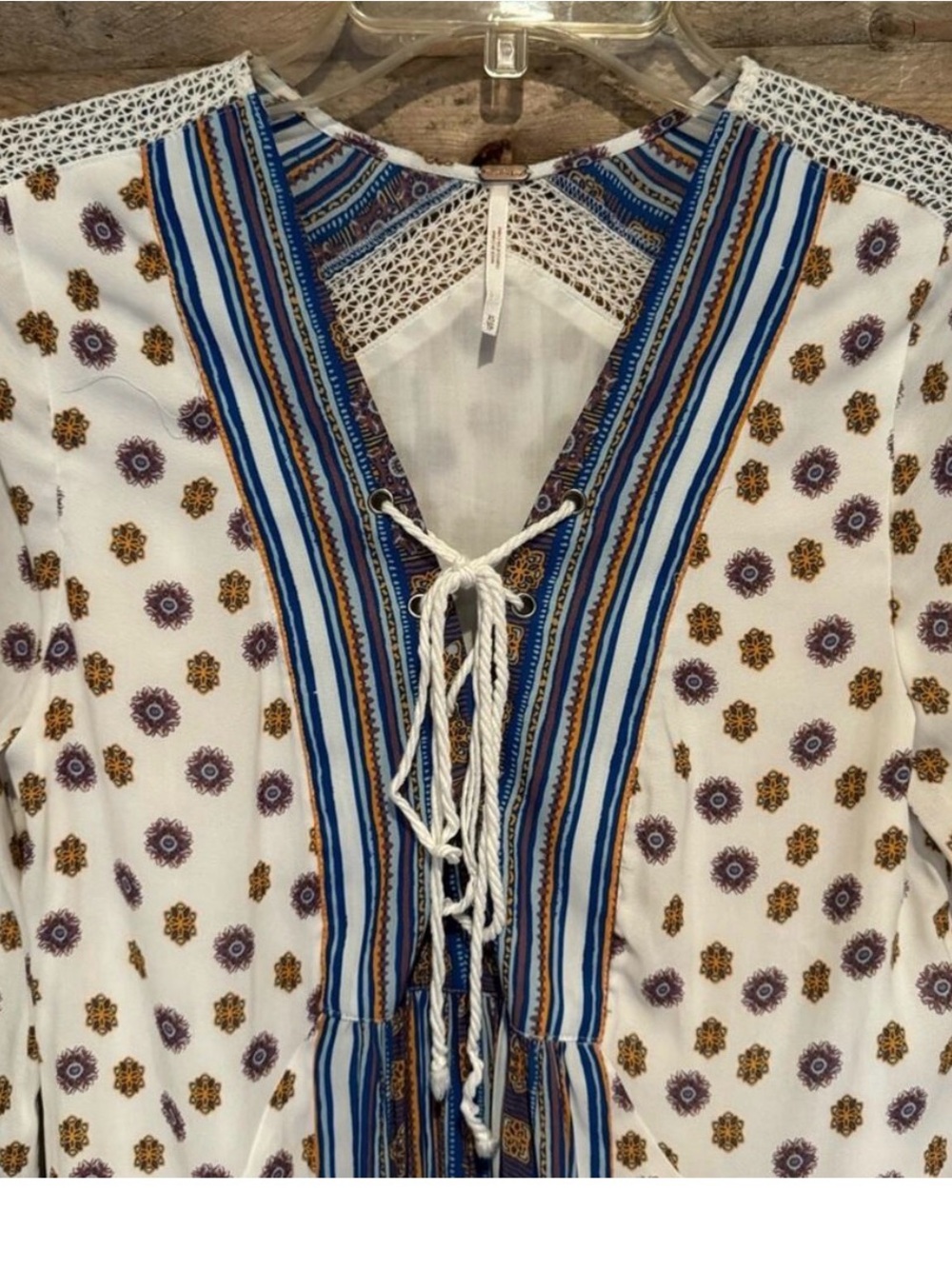 Free People-Boho Peasant Tunic Dress in Cream and Blue Sz XS VGUC - Picture 8 of 15